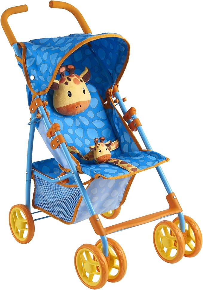 Baby Doll Stroller for Toddlers 3-10, Pillow Animal Toy Baby Stoller for Dolls, Blue Folding Baby Toy Stroller for Dolls, Foldable Stroller for Girls, for Bigger Kids (Giraffe)