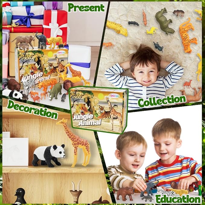 24Pcs Safari & Zoo Animals Figures, Realistic Plastic Animal Toys Set for Kids 1 2 3, Lion, Elephant, Perfect for Play, Education, Baby Shower Decor,Party Supplies Cake Topper