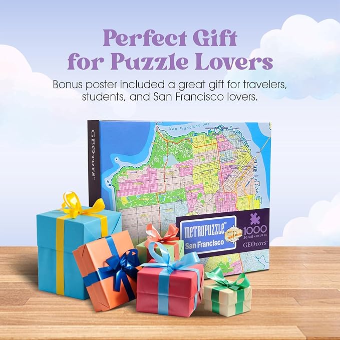 GeoToys Metropuzzle, San Francisco Jigsaw Puzzles 1000 Pieces - 27 x 19 Detailed Geography Puzzle, Challenging Adult Puzzle, Fun Puzzles for Adults, Map Poster Included for Adults