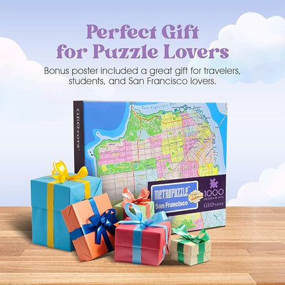 GeoToys Metropuzzle, San Francisco Jigsaw Puzzles 1000 Pieces - 27 x 19 Detailed Geography Puzzle, Challenging Adult Puzzle, Fun Puzzles for Adults, Map Poster Included for Adults