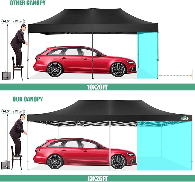 COBIZI 13x26 Pop Up Tent Heavy Duty Canopy with Removable Sidewalls Party Tent Outdoor Wedding Large Event Tent with Roller Bag for Garden Lawn Waterproof UPF 50+ Easy Up, Black (Framework Upgraded)