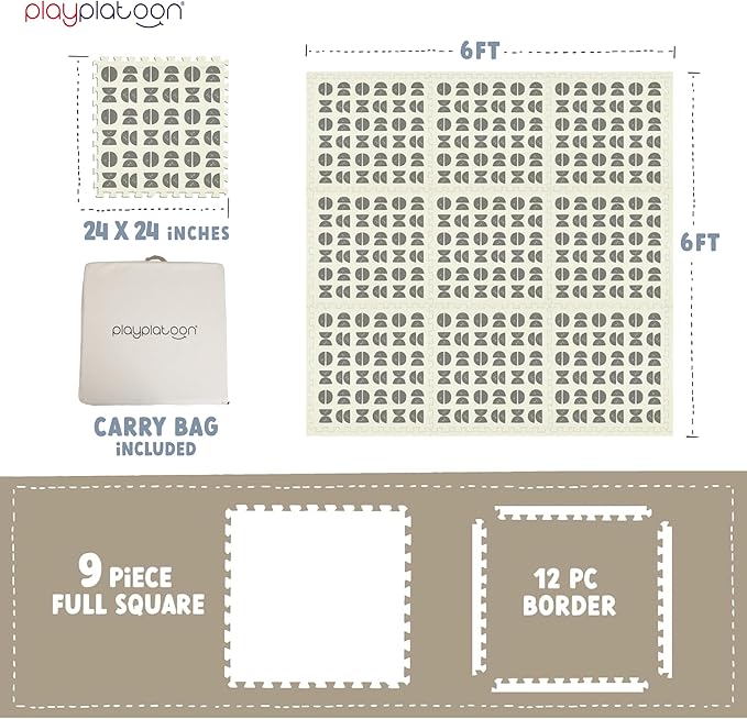 Play Platoon Non-Toxic Large Kids Mats for Floors, 9 Tile 72 x 72 inch, Extra-Thick Interlocking Tiles, 24 x 24 in. Puzzle Mat Pieces with Border, Neutral Playmat Rug for Toddlers & Children