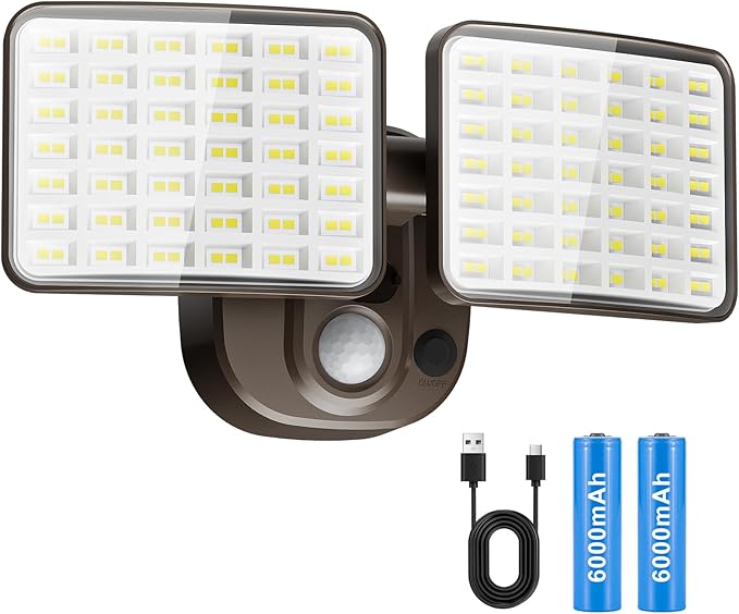 Rechargeable Battery Operated Motion Light 2500LM & 4000LM Motion Sensor Security Light(1-3 Months Endurance) USB Charging LED Flood Light Outdoor (Brown) 1 Pack
