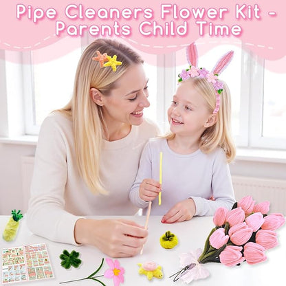 601PCS Complete Pink Pipe Cleaners Flower Kit–Pastel Pipe Cleaners for Flowers, DIY Craft Supplies for Projects, 6 Colors, with Floral Wires, Tape, Glue Sticks, Ribbon, Stamen, Manual & Video Tutorial