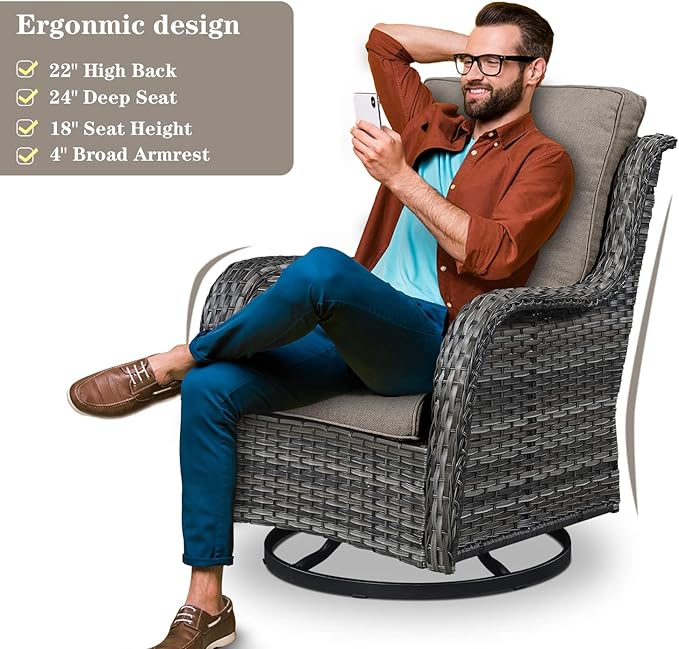 Outdoor Patio Furniture Set - 7 Piece Gray Wicker Conversation Patio Furniture Set All Weather Swivel Chairs with Ottoman and Loveseat Glider Chair for Deck Balcony Backyard