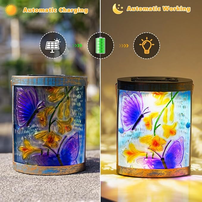 2 Pack Purple Butterfly Hanging Solar Lights for Outside Waterproof Glass Solar Lantern for Tabletop Garden Patio Decor