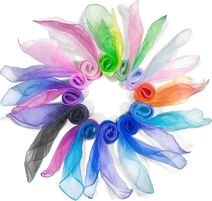 Novelty Place 12 Pcs Dance and Juggling Scarves - Gradient Colors Silk Square Scarf with Hemmed Edges - Easy Clean Ideal Performance Props Accessories(24" x 24")