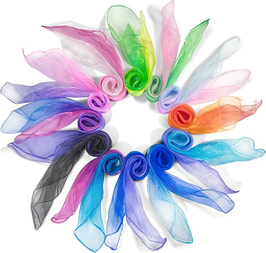 Novelty Place 12 Pcs Dance and Juggling Scarves - Gradient Colors Silk Square Scarf with Hemmed Edges - Easy Clean Ideal Performance Props Accessories(24" x 24")