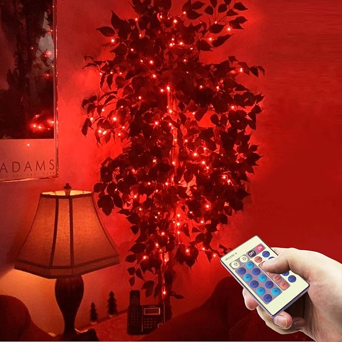 RUICHEN Red Dimmable Fairy Lights Plug in, Super Long 165 Ft 500 LED Twinkle String Lights with Remote, Waterproof Silver Wire Firefly Lights for Christmas Wedding Party Bedroom Patio Garden