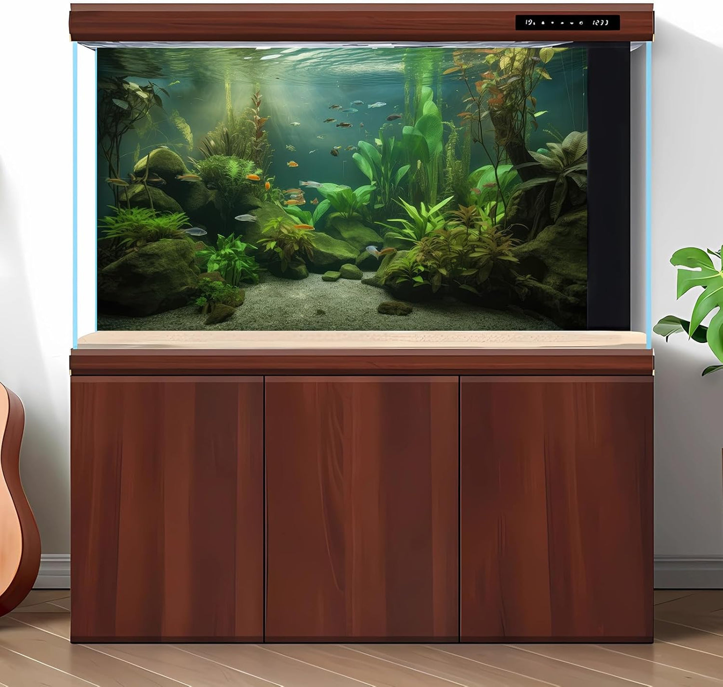 Under The Sea Aquarium Background Underwater Aquatic Plants Fish Tank Background Tropical Fish Rock with Moss Terrarium Background Undersea Green Grass with Sunbeams Terrarium Background 48x20in