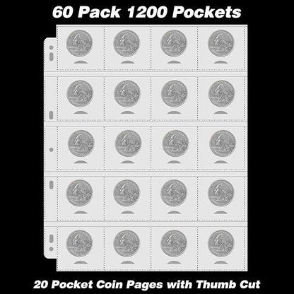 60 PCS 20-Pocket Thumb-Cut Coin Pages - Coin Pocket Pages for 2 x 2.1 Inch Cardboard Coin Holders, Collecting Sleeves for Coin Flips, 1000 Pockets for Coin Binder, Coin Collection Storage Supplies