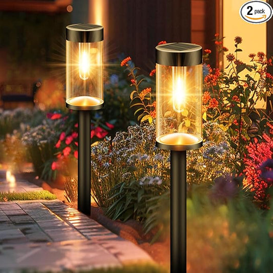 Woolmug Solar Pathway Lights, 2 Pack Waterproof LED Solar Lights Outdoor, Auto On/Off Garden Light for Path Walkway Outside Yard(Warm White)