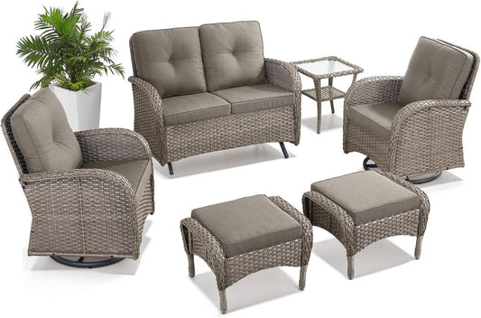 6 Pieces Wicker Patio Conversation Sets with Outdoor Swivel Rocker Chairs and Loveseat Glider Chair, All-Weather Rattan Furniture Set for Deck Patio Sunroom Backyard