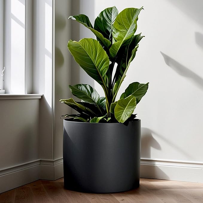 Fox & Fern 14.6 Inch Extra Large Planter — Premium Lightweight Fiberstone Matte Black Plant Pot with Drainage Plug; Big Planter for Indoor & Outdoor Use; Weather Resistant & UV Resistant