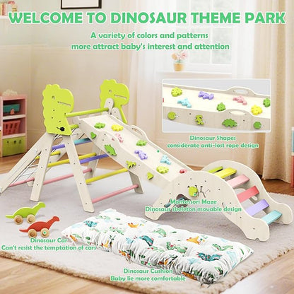 Pikler Triangle Set with Cushion, 12 in 1 Toddler Montessori Toys Indoor Baby Climbing Gym Pikler Triangle Climbing Set Wooden Toy Climbing Rope Ladder, Shape Sorter, Push Car 【Dinosaur Toys】