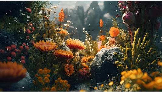 Foggy Stone Terrarium Background Green Seaweed Scenery Orange Floral Aquarium Background Durable Reptile Habitat Flower Background Mysterious Tank Backdrop Vinyl 30x18in