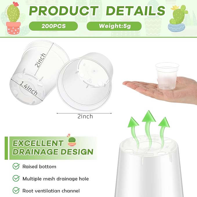 Yaomiao 200 Pcs 2 Inch Clear Mini Plastic Plant Pot Nursery Seedling Pots Seed Starter with Drainage Holes for Indoor Outdoor Garden Succulent Plants Cuttings Transplanting