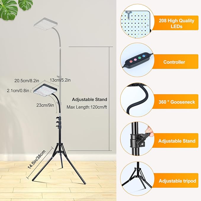 FECiDA Grow Lights with Stand and Timer, Tripod Standing Grow Lights for Indoor Plants, 208PCS LEDs Bright Enough Plant Growing Lamps for Bonsai Tree, Seed Starting, 24"-64" Height Adjustable