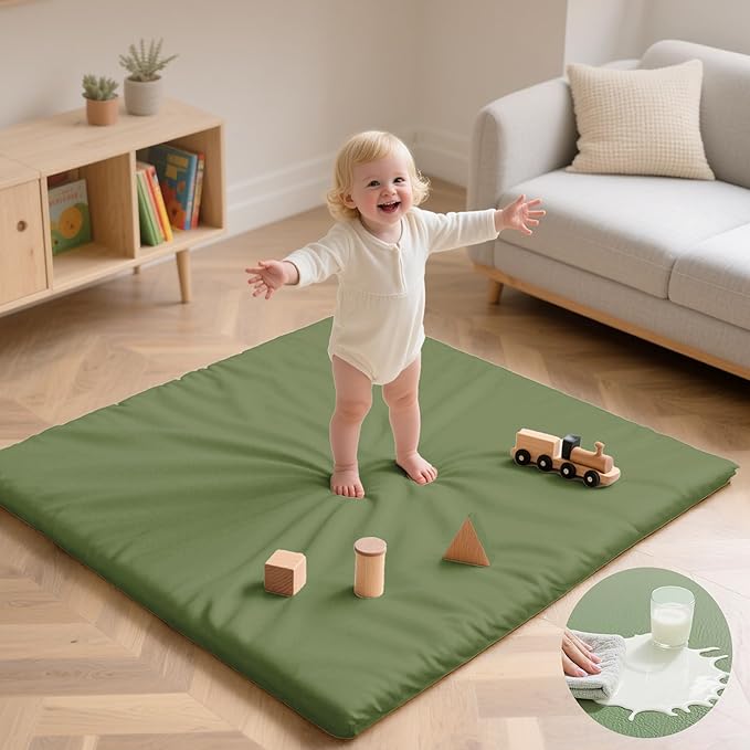 Baby Play Mat 50x50 Inches,1.3" Thick Padded Waterproof Floor Cushion & Playpen Mat with Vegan Leather,Non-Slip & Non-Toxic Nursery Rug for Infants, Toddlers & Kids(Green)