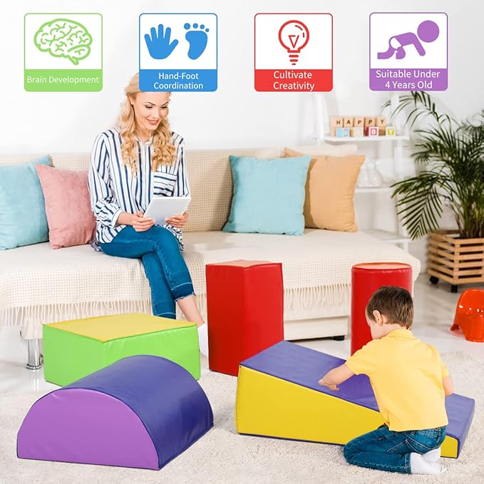 Kids Climb & Crawl Toys for Toddlers 1-3 Baby Playing Blocks 5pcs Kids Climbing Toys Indoor Crawling Gym Equipment for Toddler Fun Foam Climbing Blocks for Kid Development Hands-On Skills
