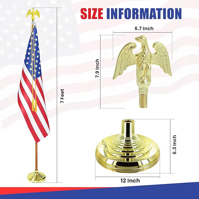 Super Tough Indoor Flag Pole kit 7ft - Metal Eagle - Gold Texture Base - Aluminum Flagpole with Brass Finish - Heavy Duty Inside House Flagstaff - Interior Shaft and Stand - No Ensign Included