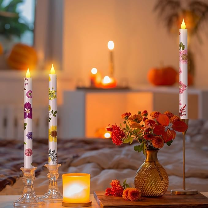 Nuanchu 6 Pcs Floral Taper Candles 10.6 Inch Pastel Flameless Candle Battery Operated Dried Flower Candlestick LED Pressed Floral Candlestick for Summer Home Wedding Dining Garden Party Decoration