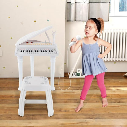 HONEY JOY Classical Kids Piano, 31-Key Toy Mini Grand Piano with Music Stand & Stool, Portable Electronic Educational Musical Instrument Toy w/ Microphone, Lights, Gift for Kids (White, 31 Keys)