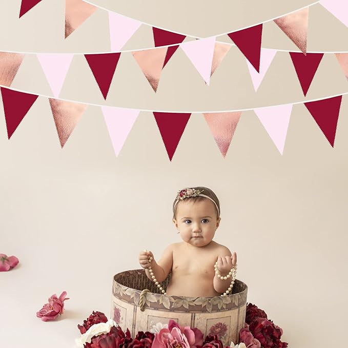 Burgundy Party Decorations Rose Gold Maroon Pink Fabric Triangle Pennant Banner Pink Garnet Flag Bunting Garland for Graduation Wedding Birthday Bridal Shower Bachelorette Anniversary Party Supplies