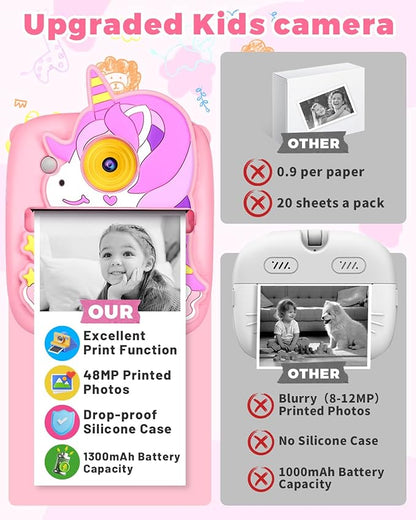 Kids Camera Instant Print, Christmas Birthday Gifts for Girls Age 3-8, 48MP &1080P Children Camera with Photo Paper, Portable Toy Instant Camera for Kids 3 4 5 6 7 8 9 10 Year Old Girls