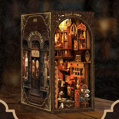 ISSEVE Book Nook Kit, DIY 3D Wooden Puzzle Dollhouse Booknook for Adults, Tiny Miniature House Kit Bookshelf Decor with LED Light and Dust Cover, Gifts for Family and Friends (Royal Seamer)