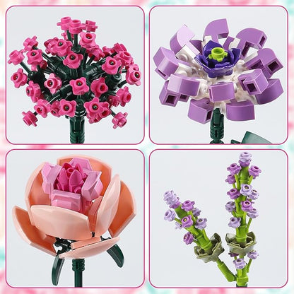 Flower Bouquet Building Blocks Artificial Pink Rose Botanical Collection Bricks Sets Toys Kits Christmas X'Mas Valentine Gifts Birthday Creative Gifts for Adults Mom Girlfriends(413PCS)