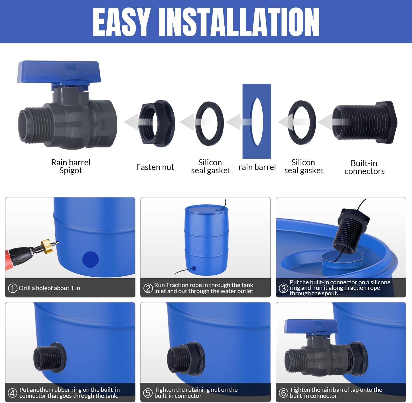 PVC Rain Barrel Spigot Kit 2 Pack 3/4" GHT Garden Diverter Kit With Bulkhead Fitting Garden Hose Faucet Thread Ball Valve for Water Adapter Tanks, Aquariums