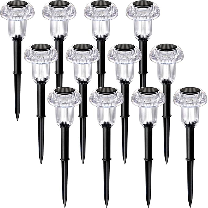 Solar Lights Outdoor 12 Pack Pathway Lights 6000K LED Waterproof Cold White Mushroom Shape for Garden Driveway Walkway Landscape Path Lawn Yard Decor