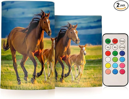 Flickering Flameless Candles, Beautiful Horses Summer Field LED Candles with Remote Timer, Set of 2 Battery Operated Candle for Valentine Wedding Birthday