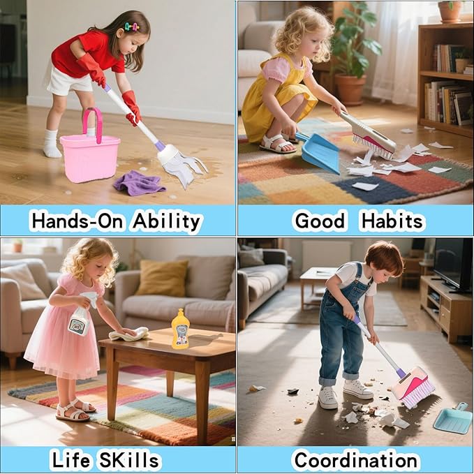 Kids Cleaning Toy Set - Pretend Play Cleaning Tools with Mop, Broom, Bucket & Spray Bottle - STEM House Role Play Toys for Girls & Boys 3-5 Years