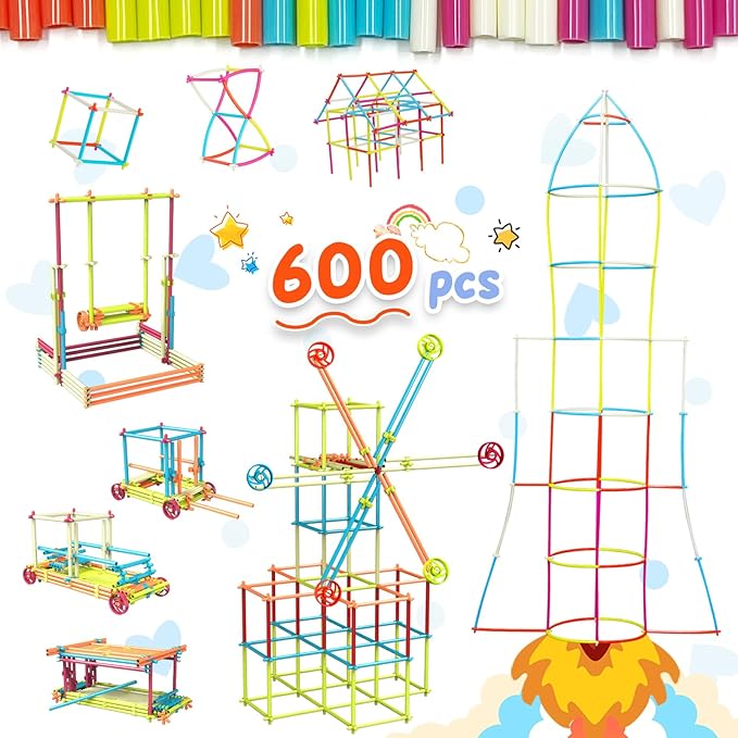 Ggiibro Straw Constructor STEM Building Toys Macaron 600Pcs Interlocking Gear Toy Sets for Kindergarten Classroom, Engineering Thin Tube Blocks for 3 4 5 6 7 Years Kids Toy for Boys and Girls Gift