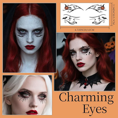 24 Pairs Halloween Eyeliner Temporary Tattoos for Adults, Face Eyes Fake Tattoos, Gothic Spooky Designs with Spiders Web, Bats, Cats, Skulls, Black