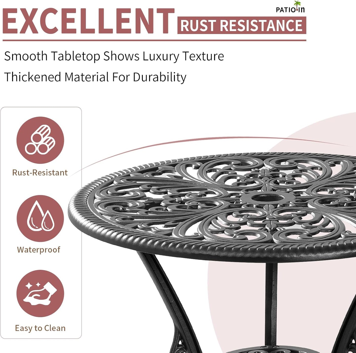 Outdoor Bistro Table and Chairs Set of 2, Outdoor Bistro Set 3 Piece with Umbrella Hole, Black Patio Bistro Sets Cast Aluminum for Balcony Porch Yard