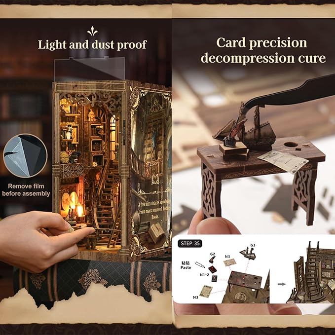 ISSEVE Book Nook Kit, DIY 3D Wooden Puzzle Dollhouse Booknook for Adults, Tiny Miniature House Kit Bookshelf Decor with LED Light and Dust Cover, Gifts for Family and Friends (Book Collection Room)