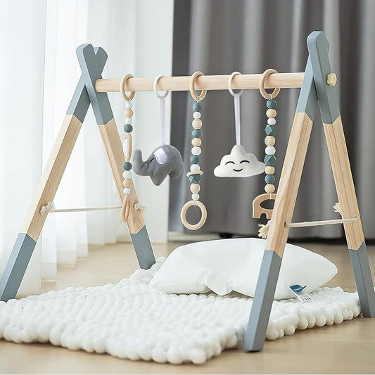 Wooden Baby Play Gym Foldable Gym Frame Activity Gym Hanging Bar with 5 Toys Natural for Newborn Baby (Foldable Grey)