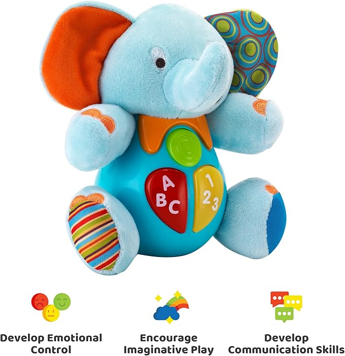 KiddoLab Plush Elephant Baby Toys - Musical Stuffed Animals with 3 Light-Up Buttons, 4 Children's Nursery Songs & Sound Effects - Soft Learning Toy for 3 Months & Olds Infants, Babies & Toddlers