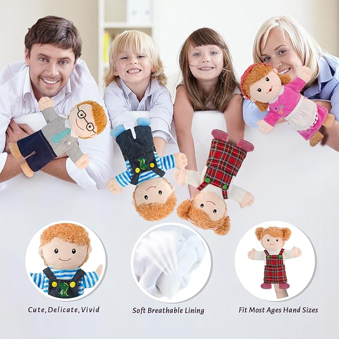 6 Pcs Family Hand Puppets for Kids 11.8 Inch Family Members Puppet Set Mom, Dad, Grandparents, Happy Kids Soft Stuffed Hand Puppet Theater Plush Toys for Toddlers Ages 1-3, 4-8 Role Play