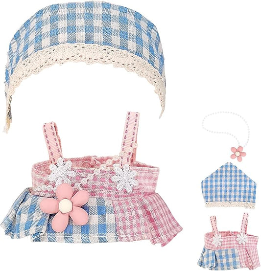 17cm Doll Clothes Set, Compatible with Labubu, Floral Dress with Lace Trim, Headband & Bear Charm Accessory (NO Doll) (Pink Gingham)