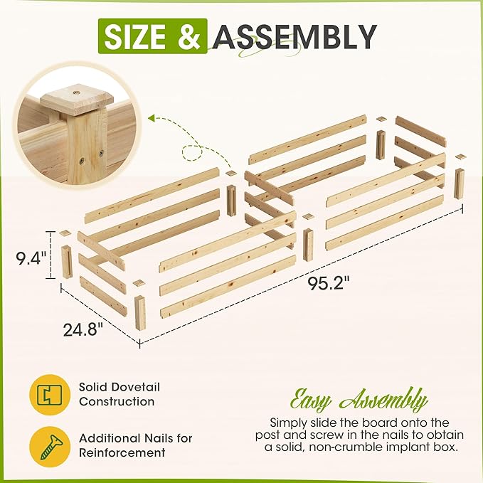 Crownland Outdoor Gardens 8 ft Raised Garden Bed Wooden Patio Raised Beds Backyard Elevated Planter Box Grow Vegetables Fruits Herb Yard Fast Easy Assembly