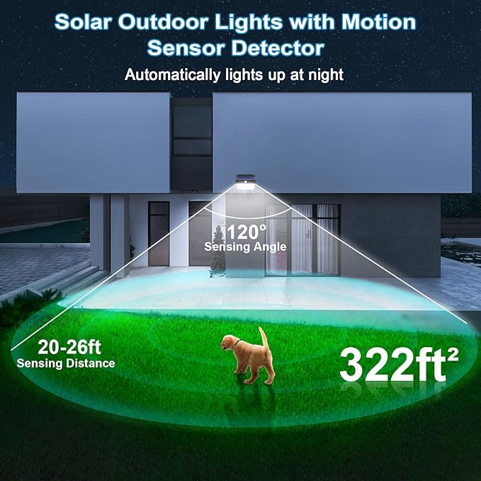 Solar Motion Sensor Fence Lights - Outdoor 4 Pack, 150 LED with 3 Modes, IP65 Waterproof, Solar Powered