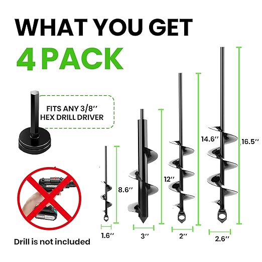 Auger Drill Bit for Planting 4 Pack – Garden Spiral Hole and Bulb Planter Tool for Umbrella Holes - Compatible with 3/8 Inch Hex Drive