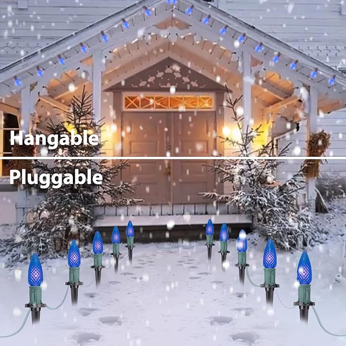 C9 Led Christmas String Lights, 20 Led 25.75 Feet Outdoor Waterproof Strawberry Lights with 20 Stakes, Extendable Green Wire String Lights for Indoor Outside Patio Wedding Party Decoration, Blue