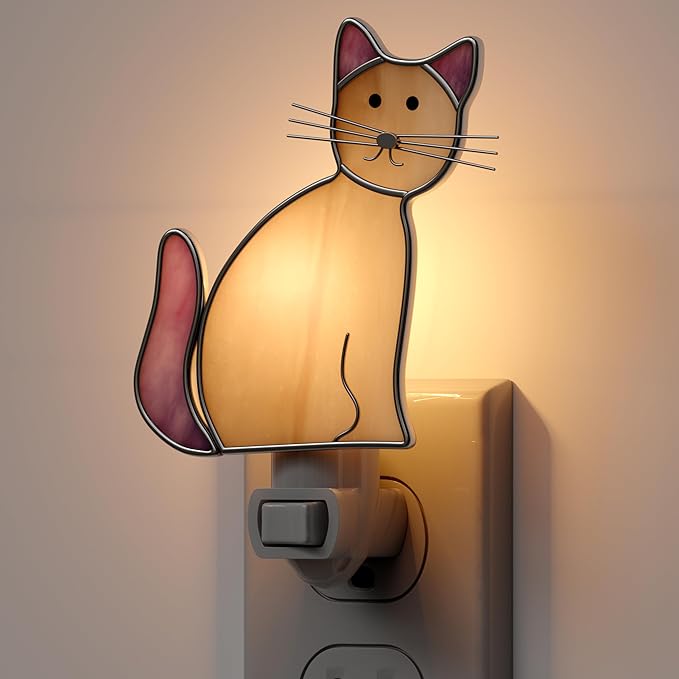 KY&BOSAM Cat Night Light Stained Glass Yellow Plug in Nightlight Decorative Wall Night Lights 7 Watt Bulb Accent Lite Night Memorial Gifts Pet Lost Sympathy Thoughtful Dogs and Cats Remembrance Decor