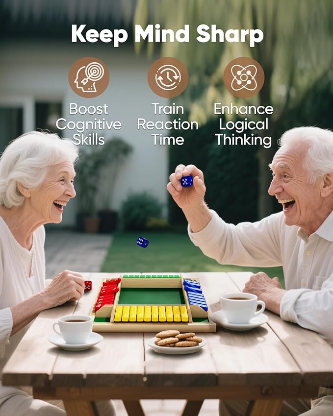 Original 12 Numbers Shut The Box Game, Math Dice Board Game for Family Night, Camp, Wooden Classic Tabletop Gift for Group Kid Adult Senior, Travel Party Bar, Easy Quick and Fun, Portable Style