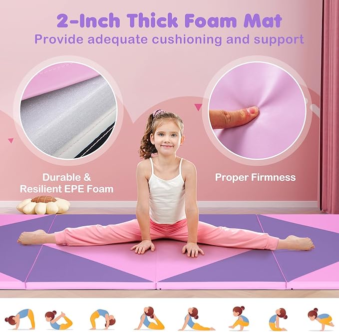 Giantex 4'x10'x 2" Gymnastics Mat, 4-Panel Folding Aerobics Exercise Mat w/Hook & Loop Fastener, Carrying Handle, Portable Tumbling Mat for Stretching Yoga Cheerleading Martial Arts